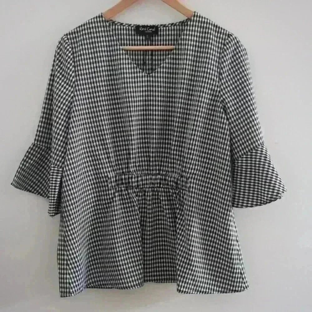 RED CORAL | Women's Black/White Checkered V-neck Bell Sleeved Top
